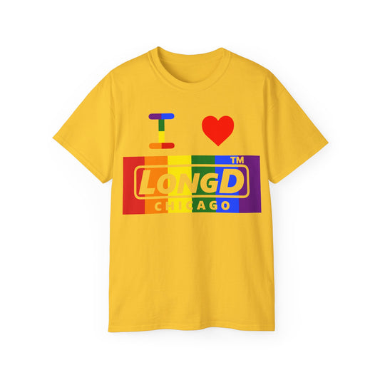I Luv LongD negative vertical striped Chicago logo cotton tee (Pride colors)