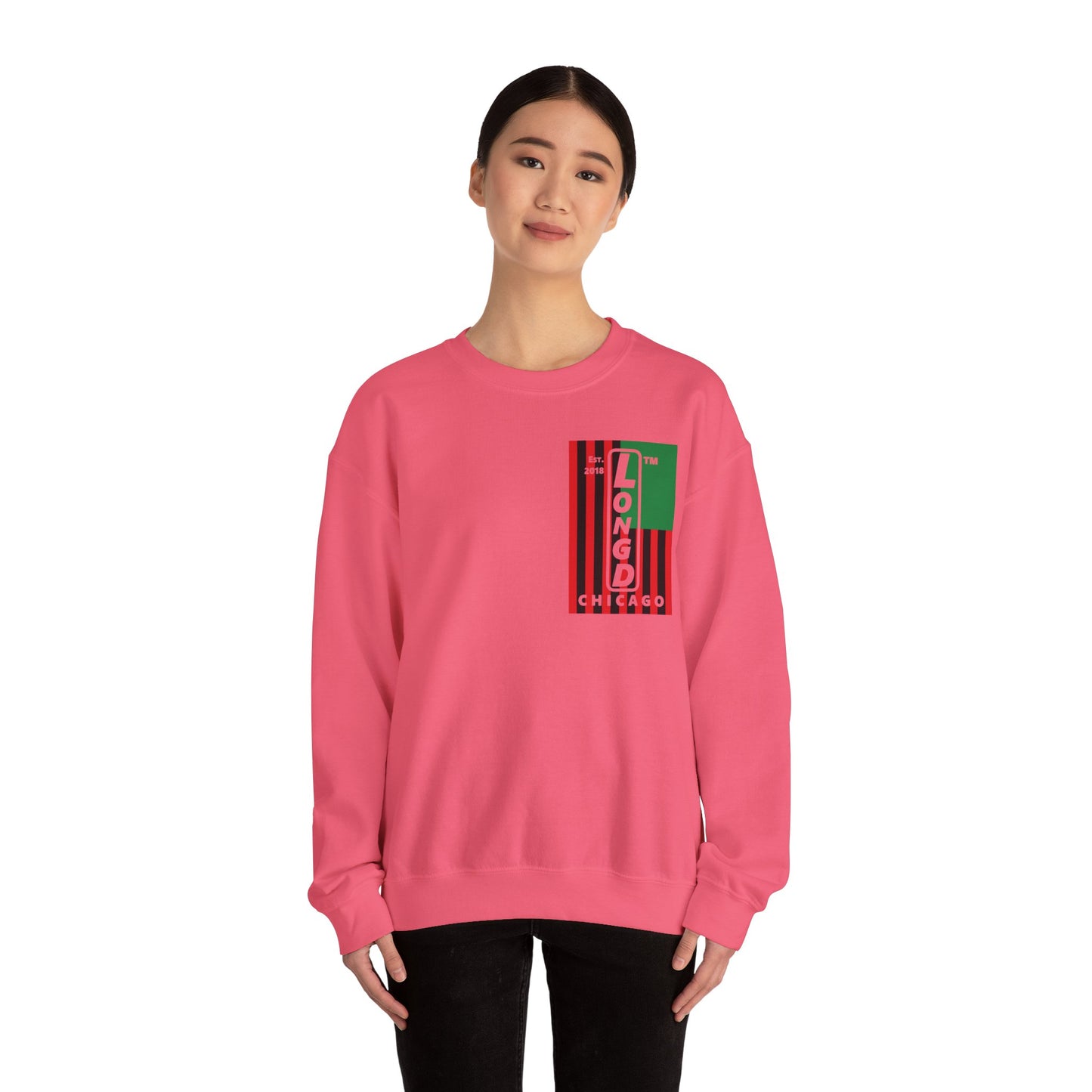 LongD negative cropped flag single-breasted front-back Chicago upright logo crewneck sweatshirt (Juneteenth colors)