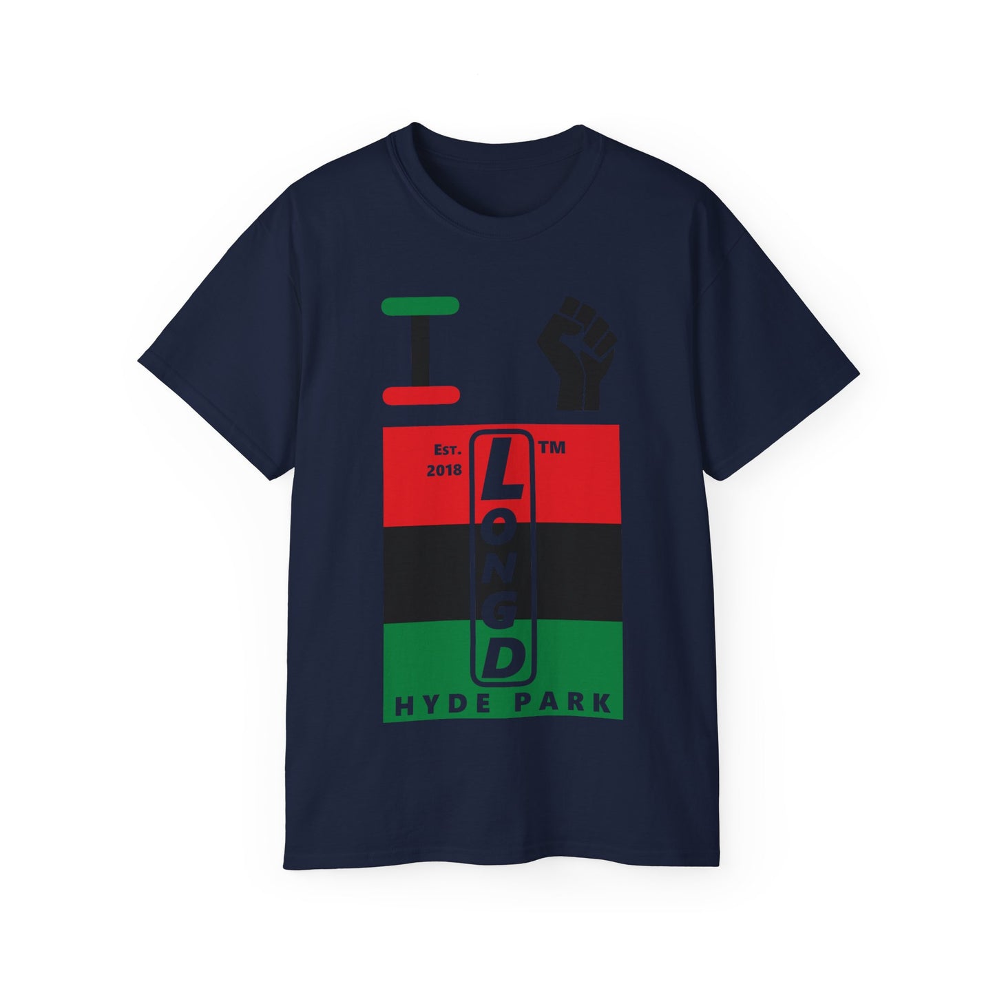 I fist LongD Cotton Tee negative horizontal striped Hyde Park upright logo (Juneteenth colors)