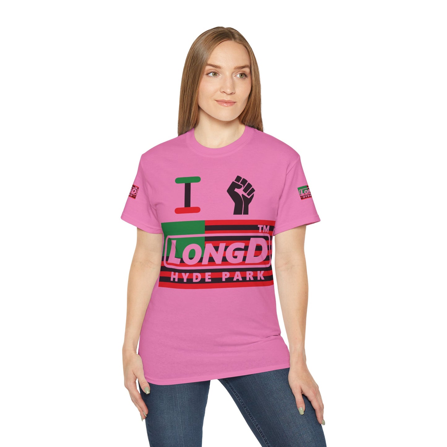 I fist LongD negative flag Hyde Park logo 4-print cotton tee
