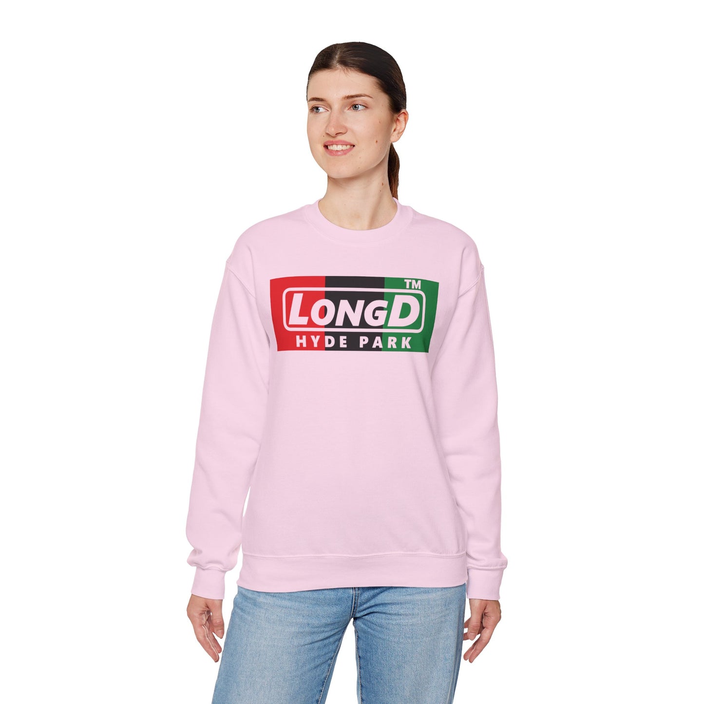 LongD negative vertical 3-striped Hyde Park logo crewneck sweatshirt (Juneteenth colors)