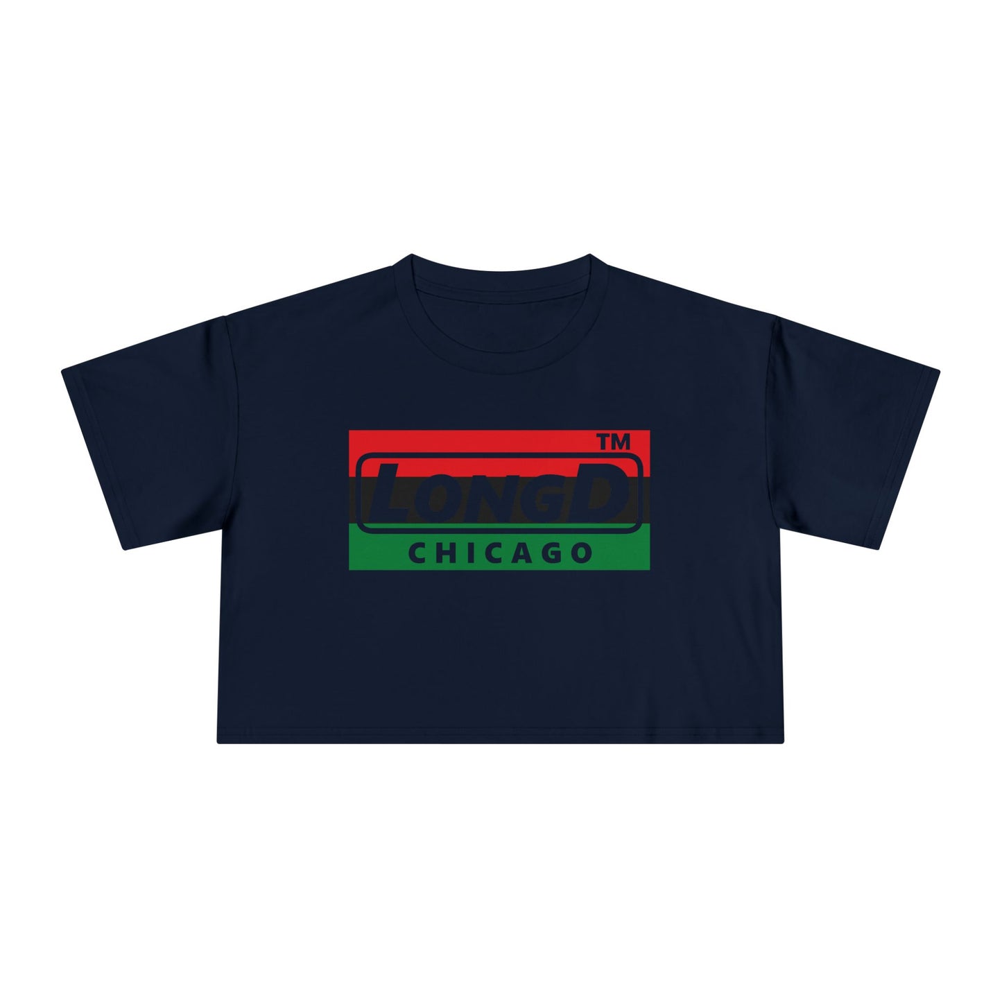 LongD negative horizontal 3-striped Chicago logo crop tee (Juneteenth colors)