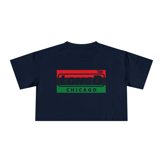 LongD negative horizontal 3-striped Chicago logo crop tee (Juneteenth colors)