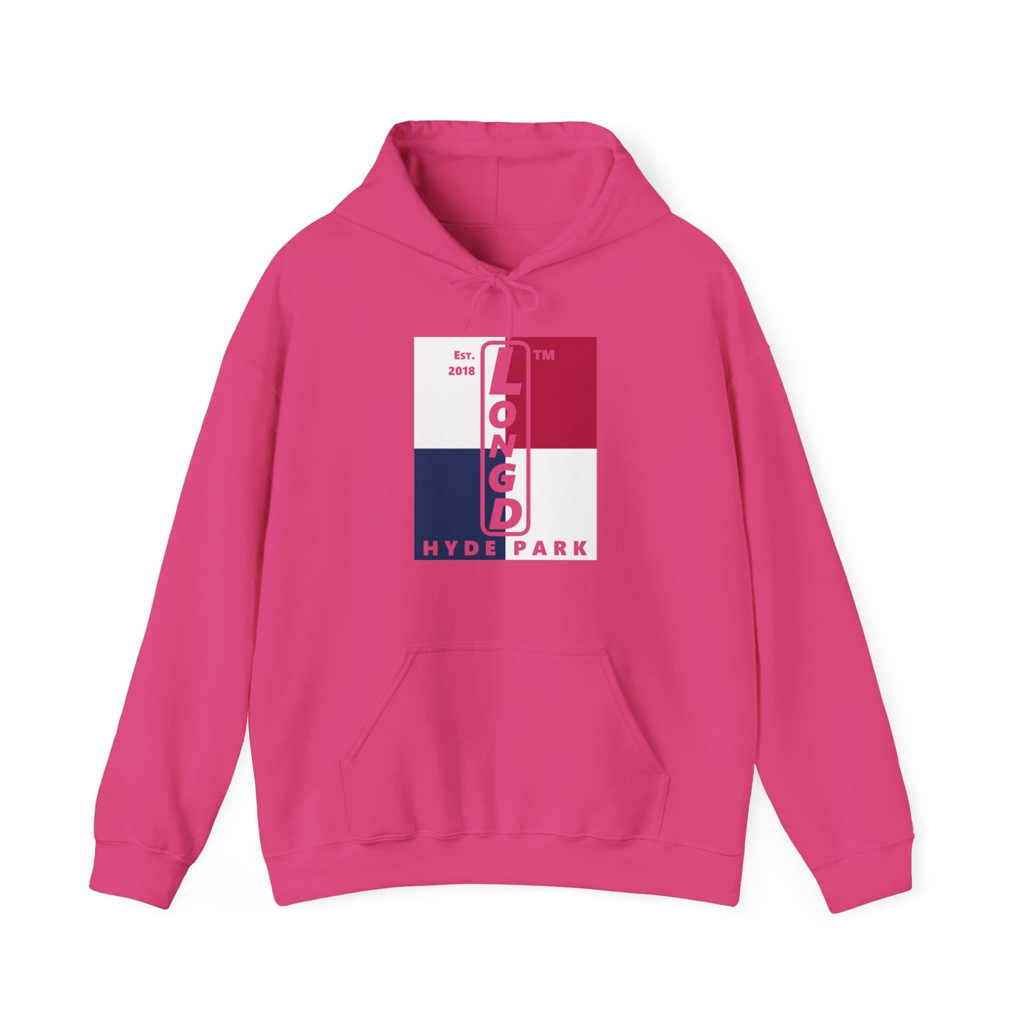 LongD® negative quarters upright Hyde Park logo hoodie (Patriotic colors)