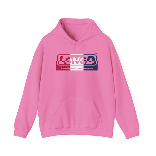 LongD® Logo Hoodie red, white and blue top positive bottom negative thirds