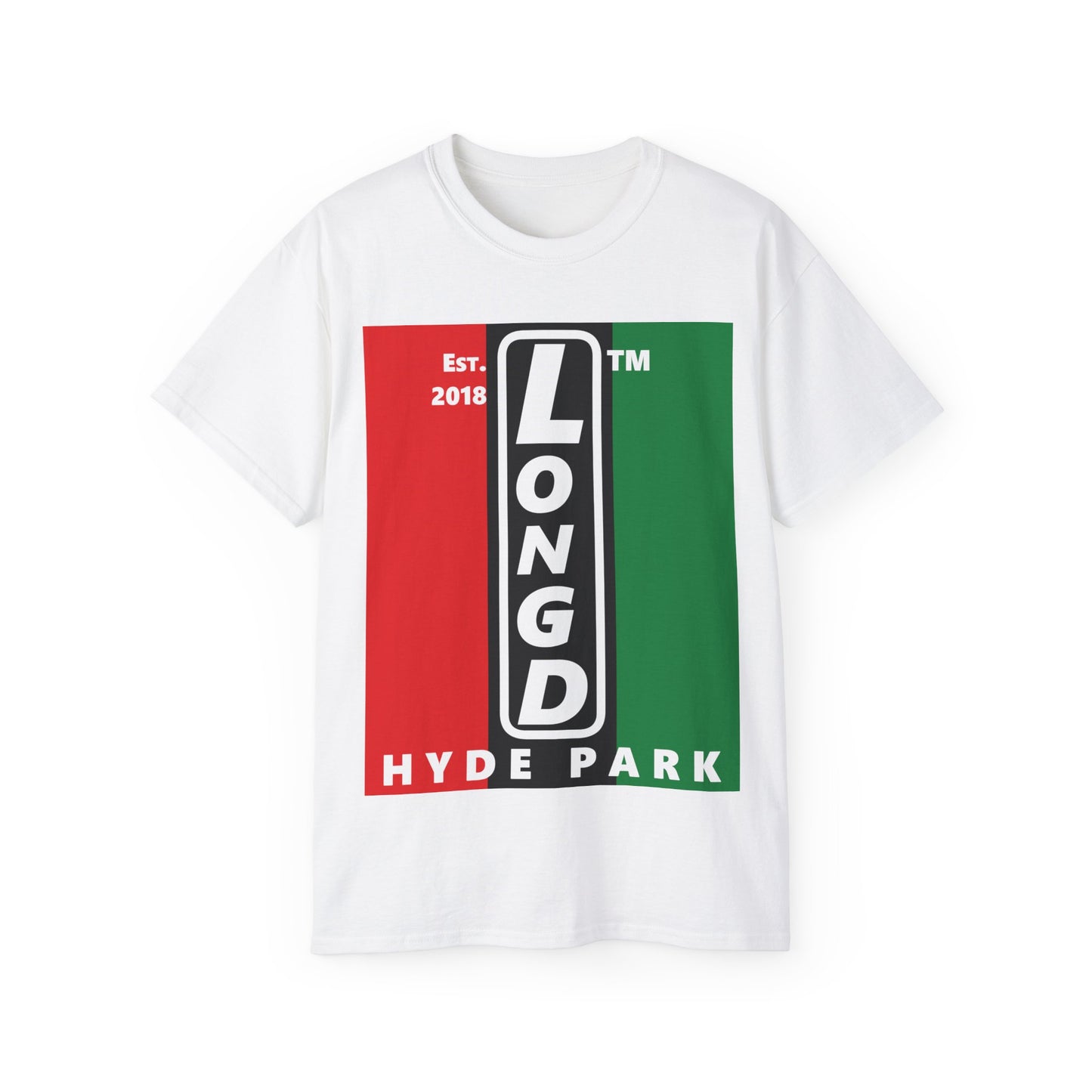 LongD Cotton Tee negative vertical striped Hyde Park upright logo (Juneteenth colors)