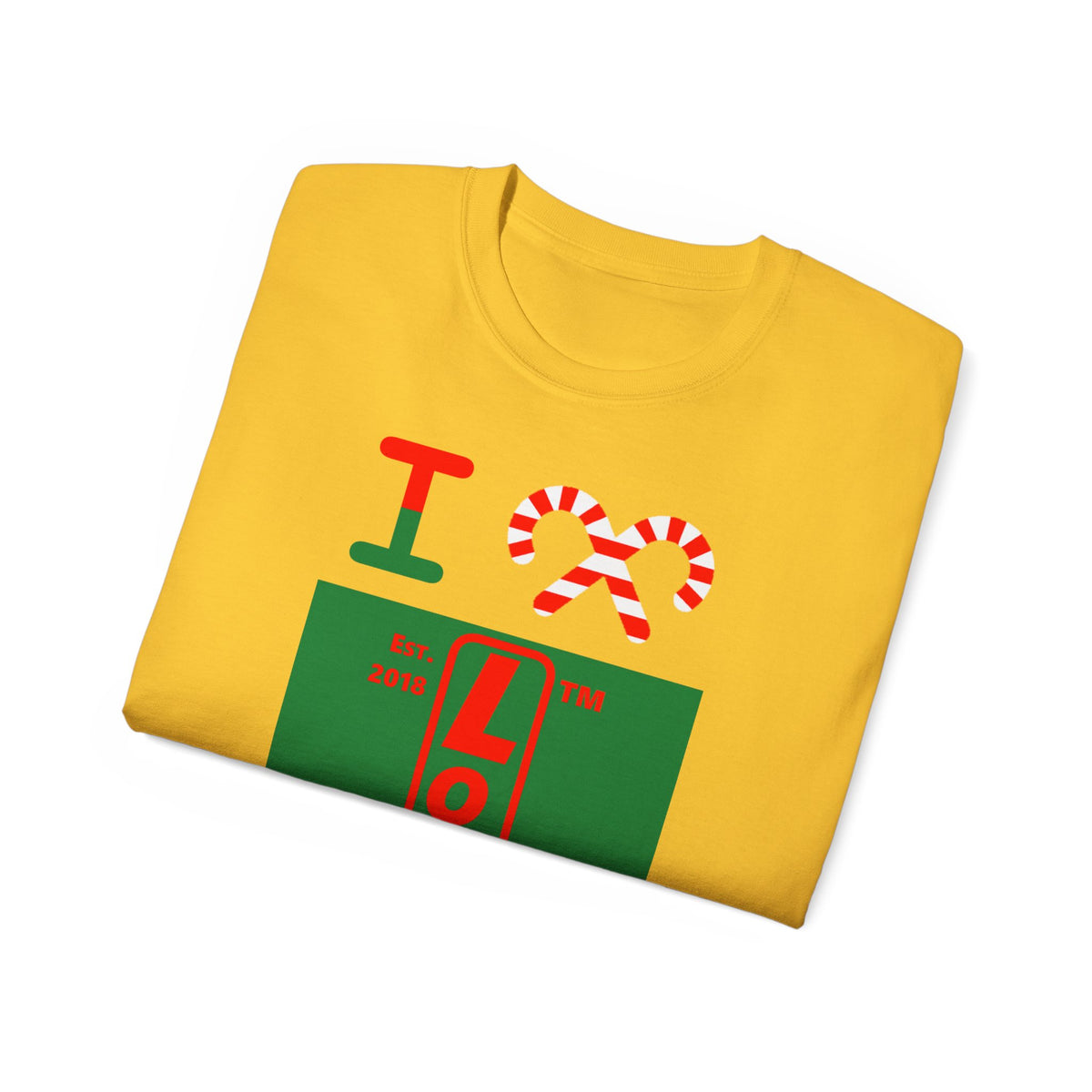 I candy cane LongD Tag-domain upright front-back logo positive red on negative green cotton tee