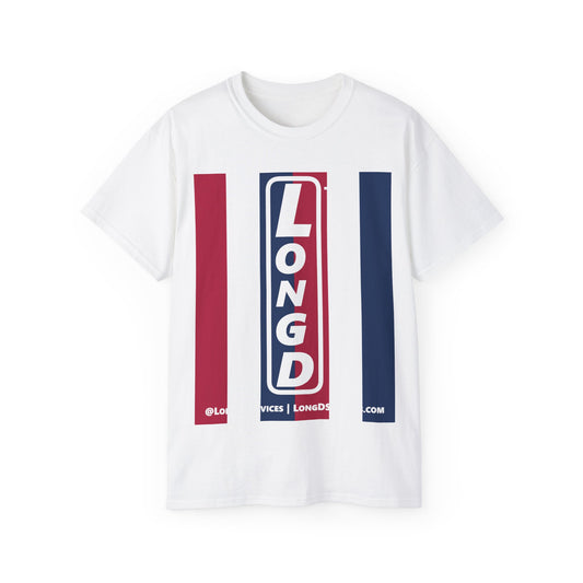 LongD cotton tee negative vertical 6-striped tag-domain upright logo (Patriotic colors)