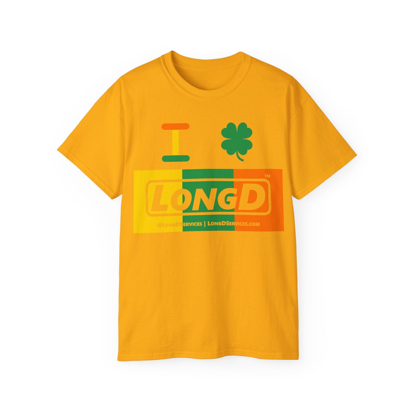I Clover LongD® Logo Cotton Tee (St. Patrick's Day -Irish Green, Golden Yellow and Irish Orange negative thirds with 4-leaf clover)