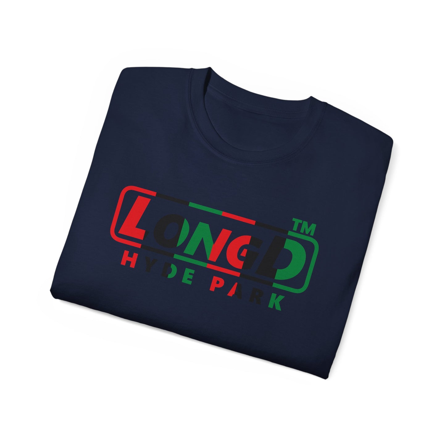 LongD positive vertical 6-striped Hyde Park logo cotton tee (Juneteenth colors)