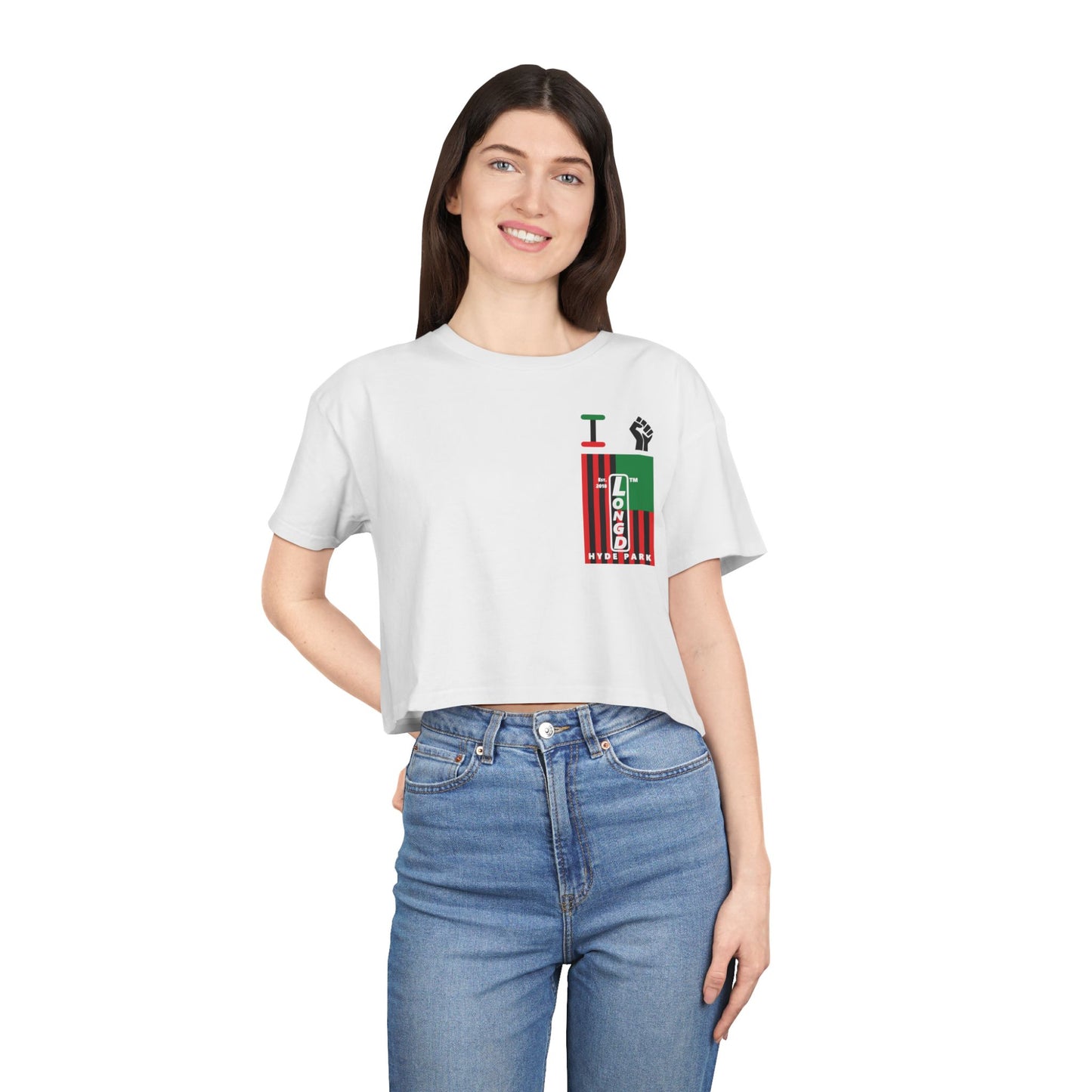 I fist LongD negative flag upright single-breasted Hyde Park logo crop tee (Juneteenth colors)