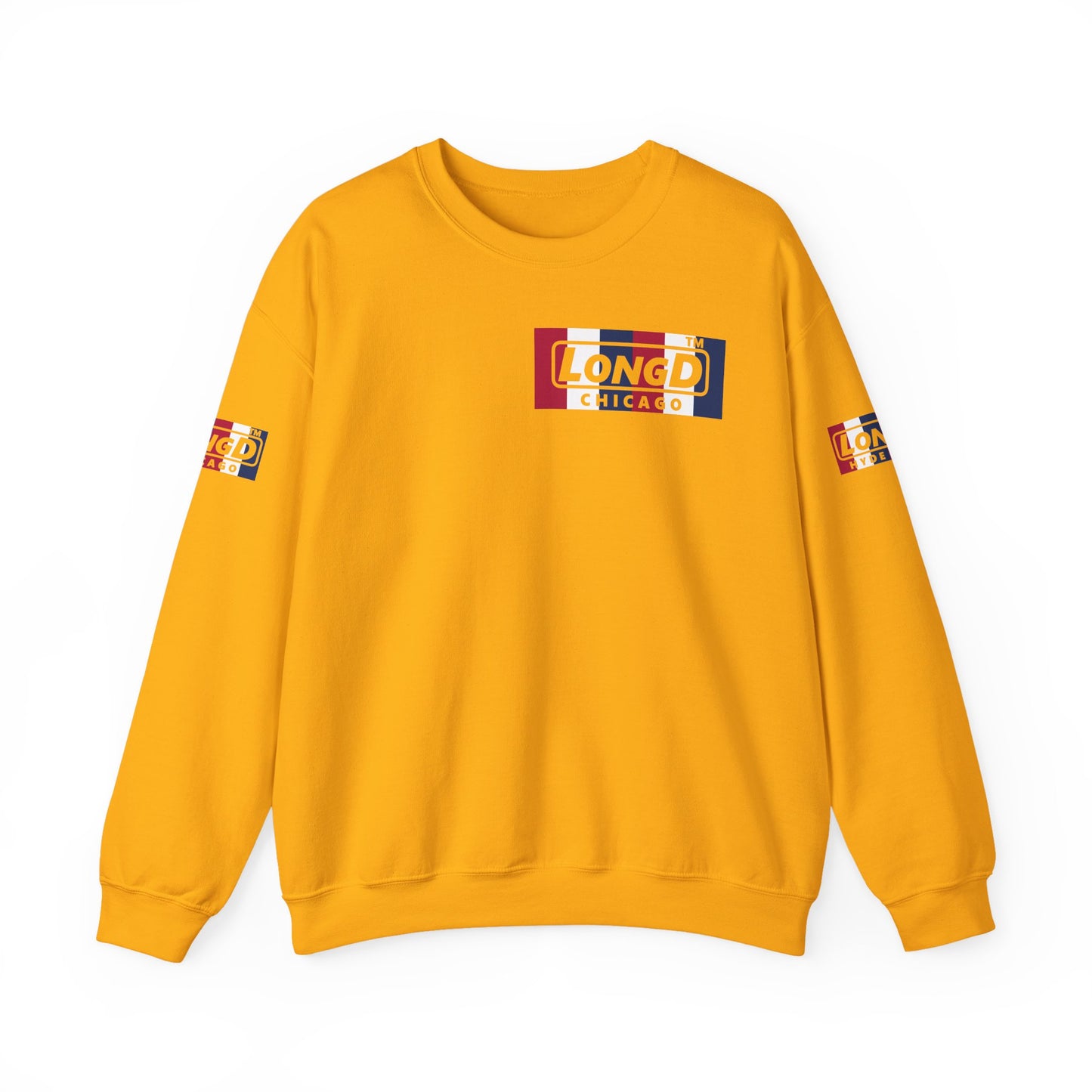 LongD negative vertical 6-striped 4-print single-breasted Chicago logo crewneck sweatshirt (patriotic colors)