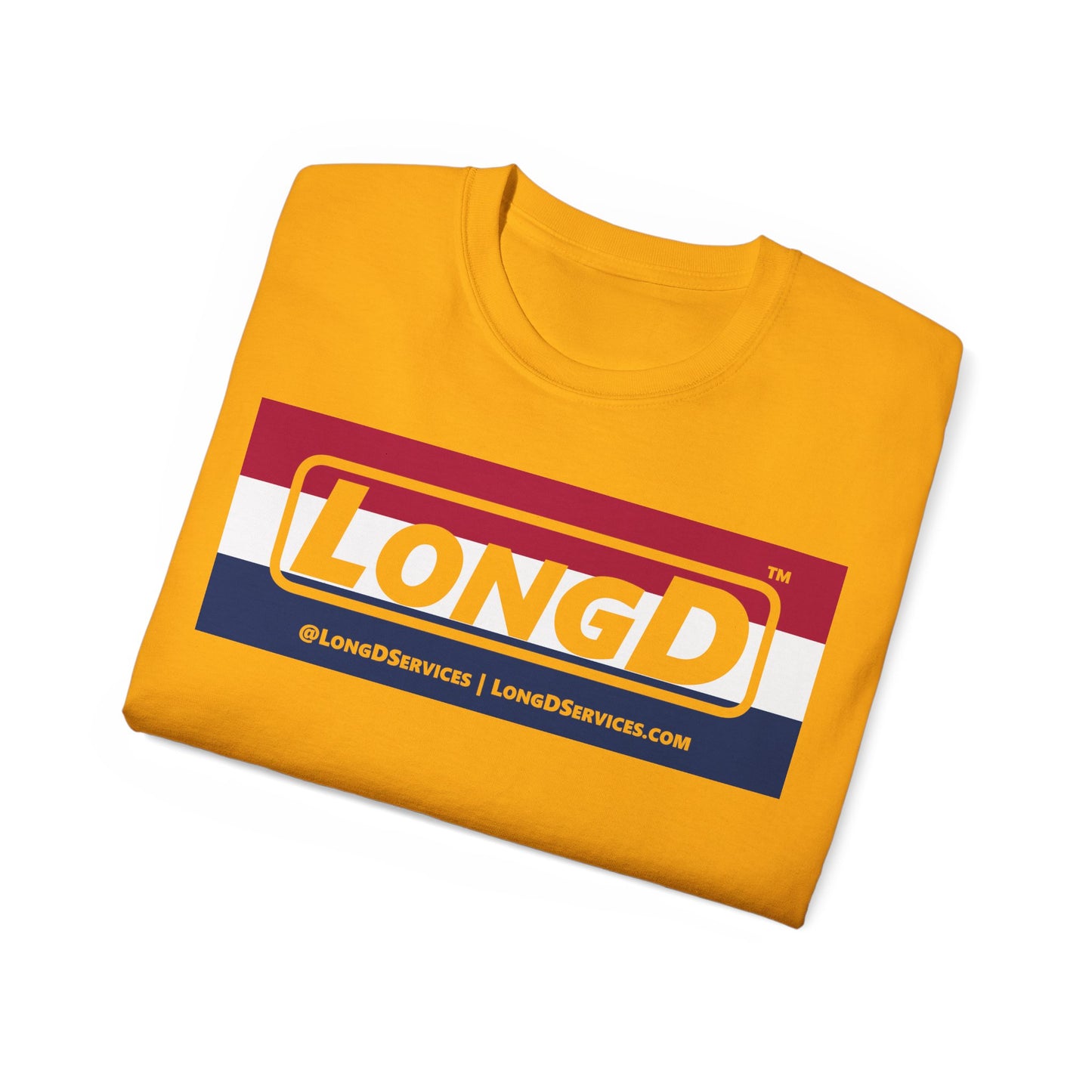LongD® Logo Cotton Tee Red, White and Blue striped thirds negative text