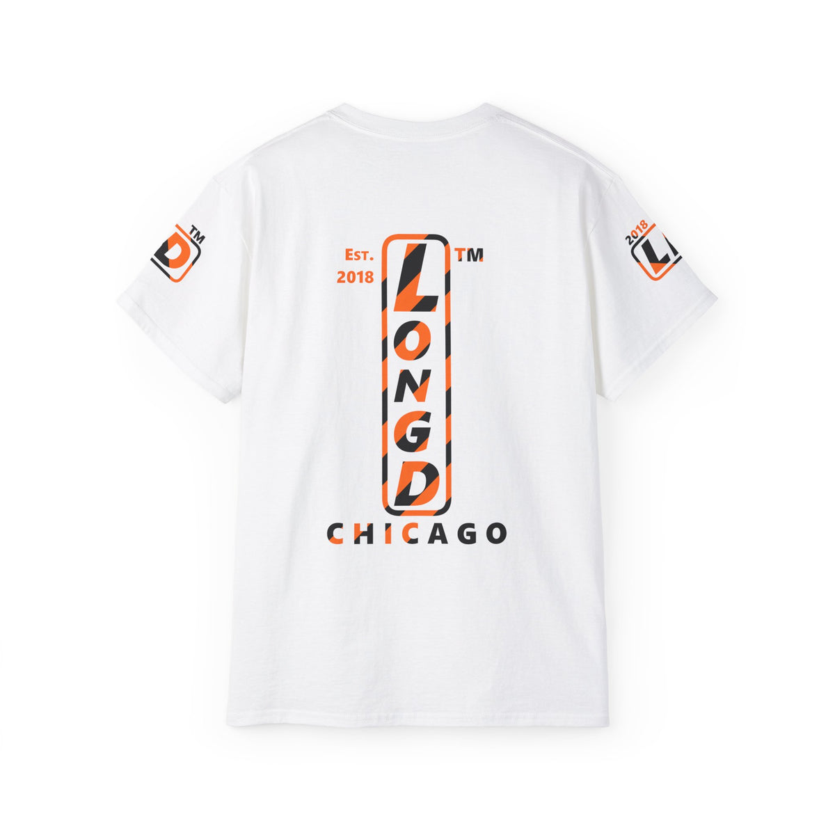 LongD Chicago positive upright pixel-weighted 12-striped 4-print logo (Halloween colors) cotton tee