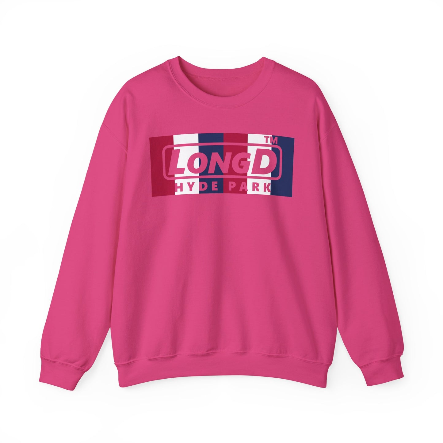 LongD negative vertical 6-striped Hyde Park logo crewneck sweatshirt (patriotic colors)