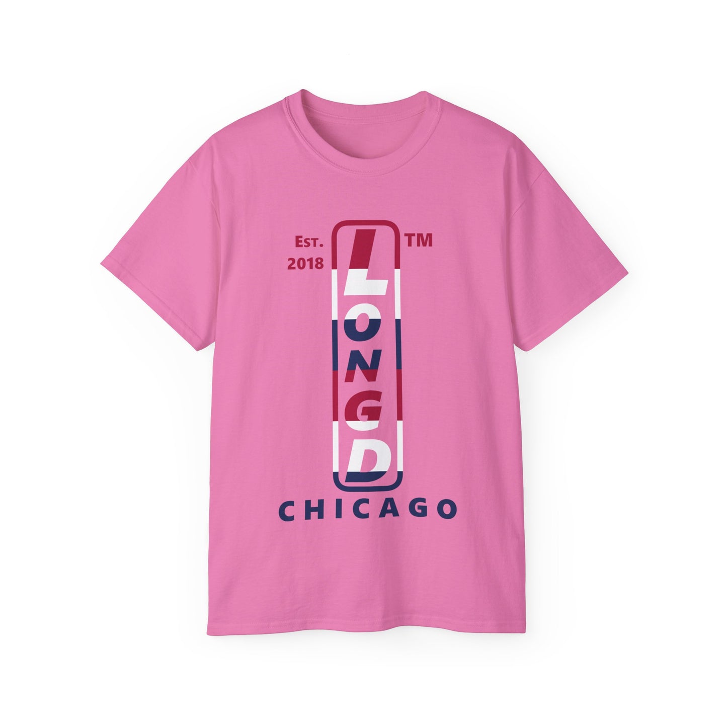 LongD cotton tee positive horizontal 6-striped Chicago upright logo (Patriotic colors)