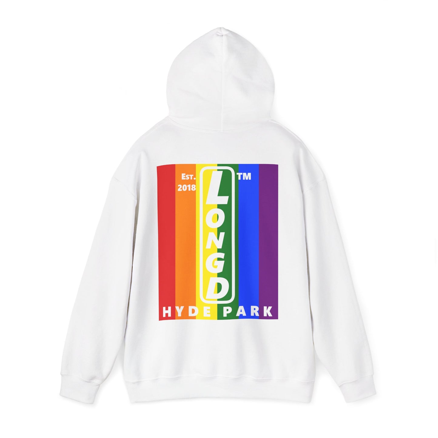 LongD single-breasted negative vertical 6-striped front-back upright Hyde Park logo hoodie (Pride colors)