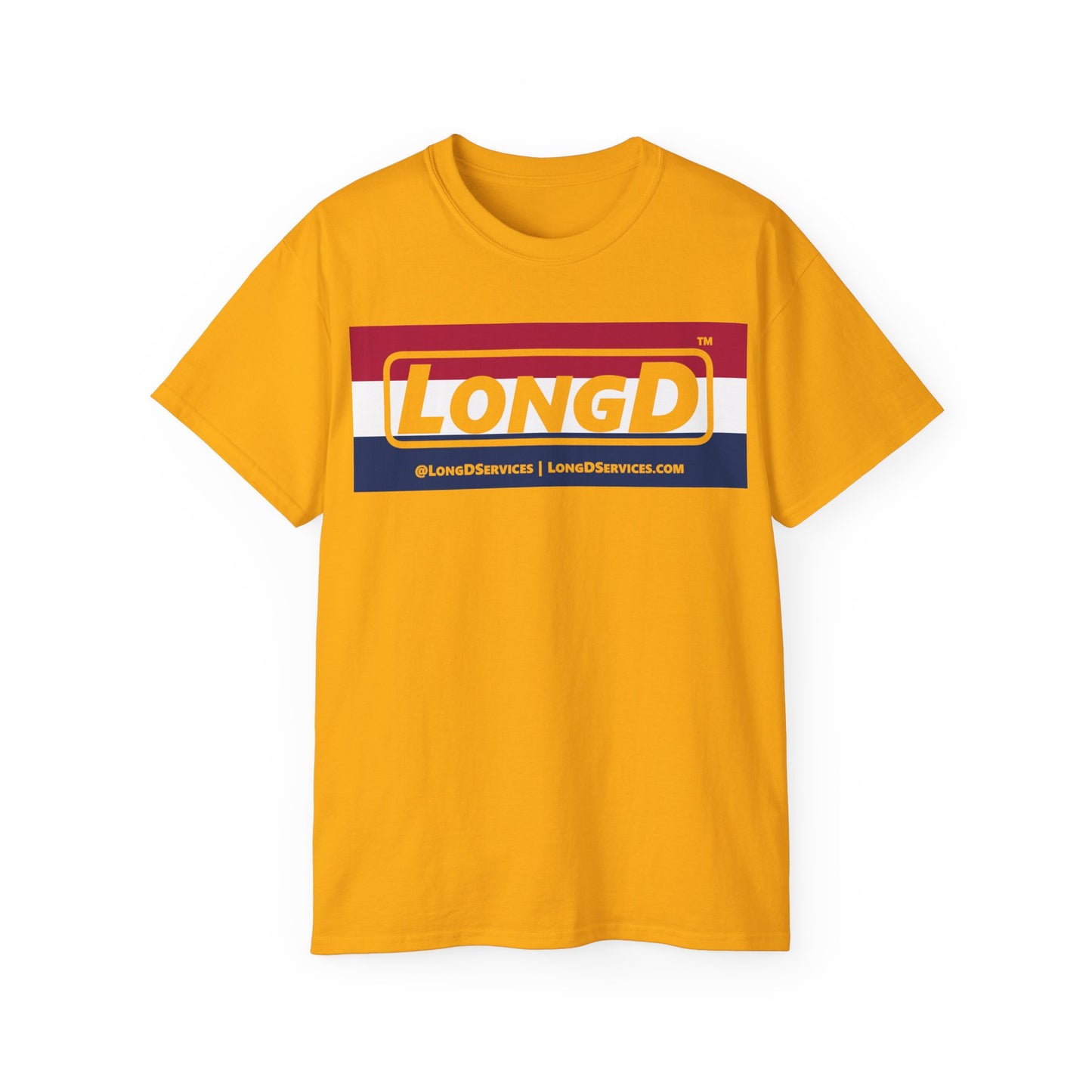 LongD® Logo Cotton Tee Red, White and Blue striped thirds negative text