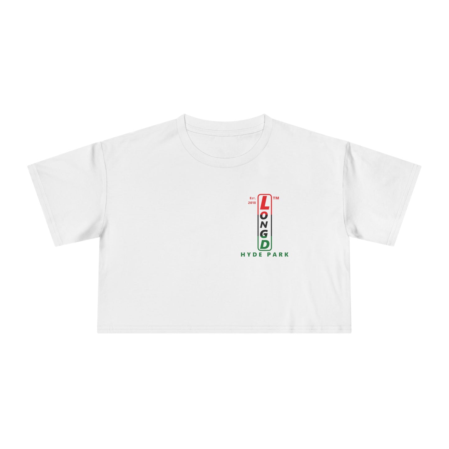 Positive horizontal 3-striped upright single-breasted Hyde Park logo crop tee (Juneteenth colors)