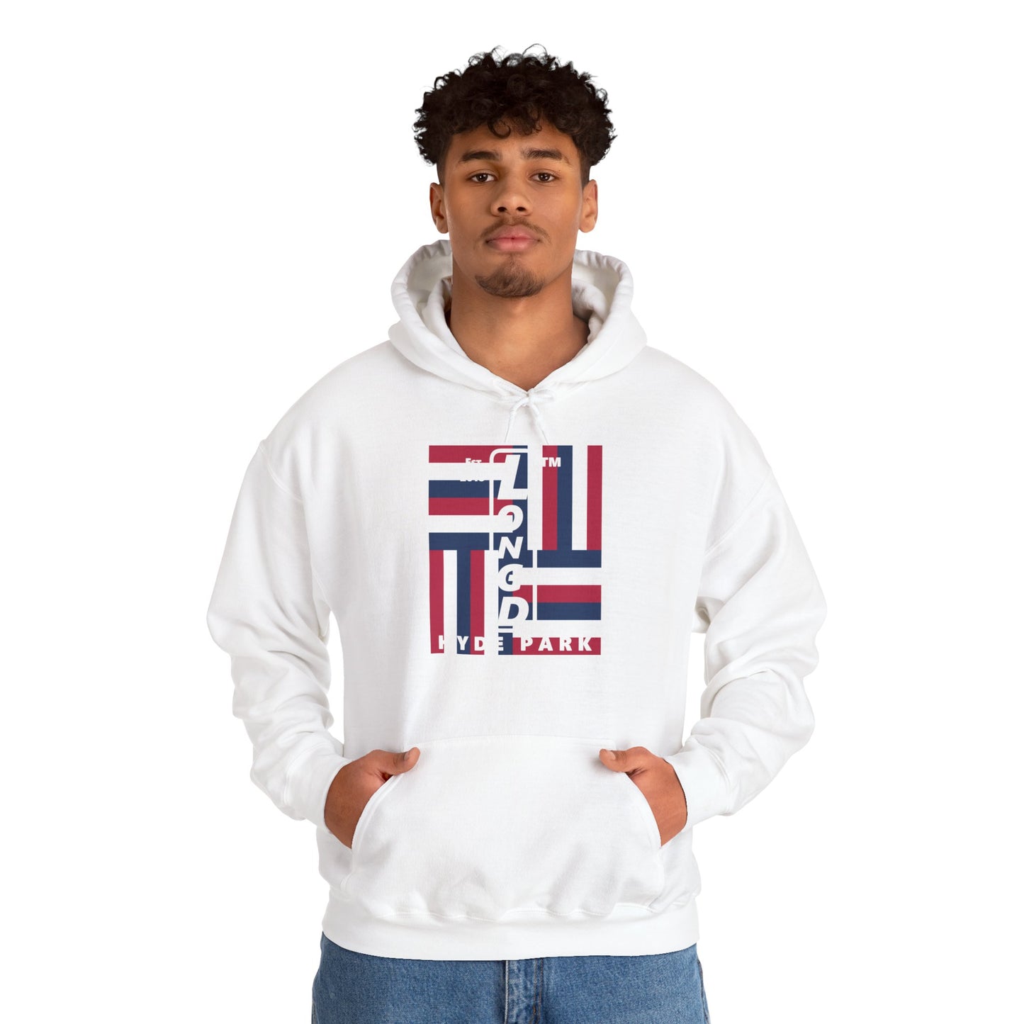 LongD® negative windmill upright Hyde Park logo hoodie (Patriotic colors)