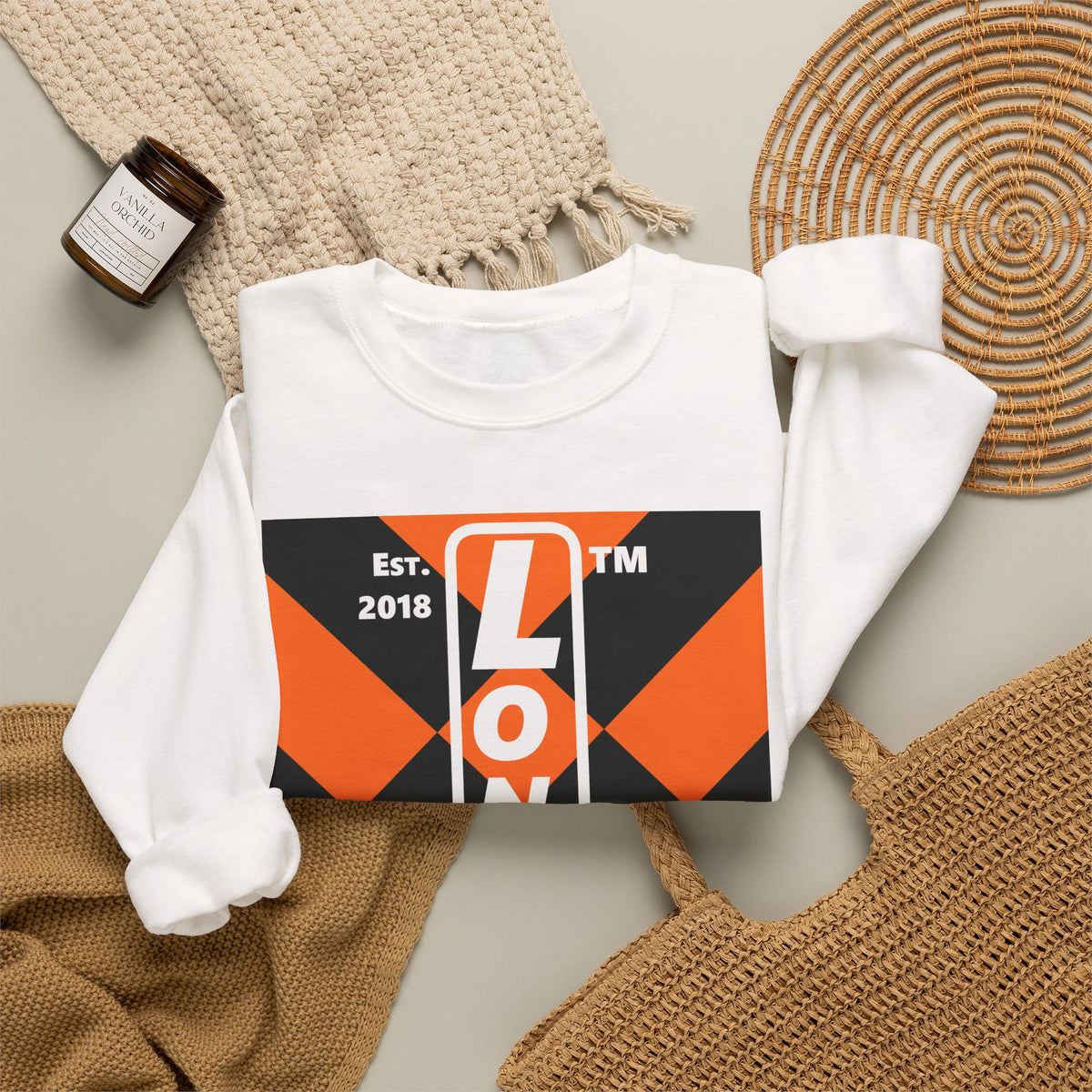 LongD Hyde Park negative upright mixed argyle logo (Halloween colors) crewneck sweatshirt