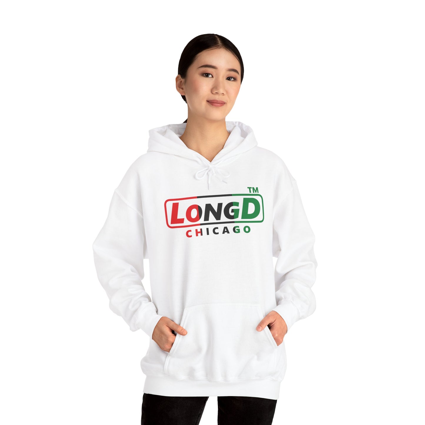 LongD® positive vertical 3-striped Chicago logo Hoodie (Juneteenth colors)