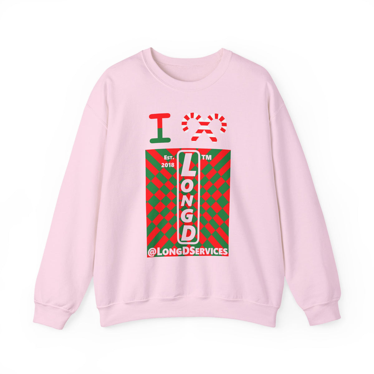 I candy cane LongD Tag negative upright stylized argyle logo crewneck sweatshirt