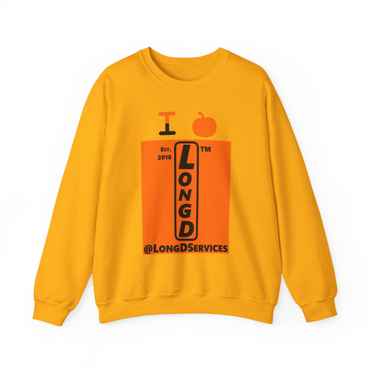 I pumpkin LongD Tag upright logo positive black on negative orange crewneck sweatshirt