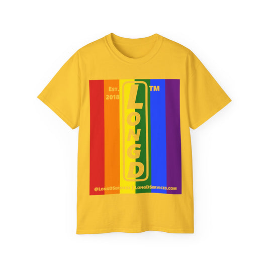 LongD Cotton Tee negative vertical striped tag-domain upright logo (Pride colors)
