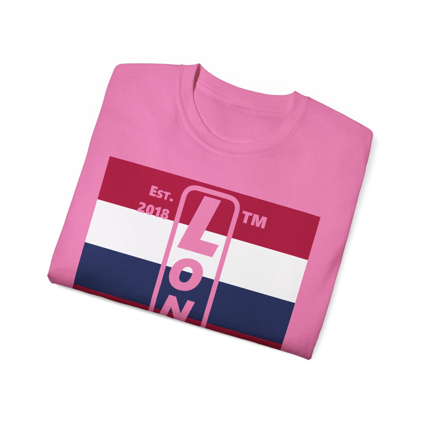 LongD cotton tee negative horizontal 6-striped Hyde Park upright logo (Patriotic colors)