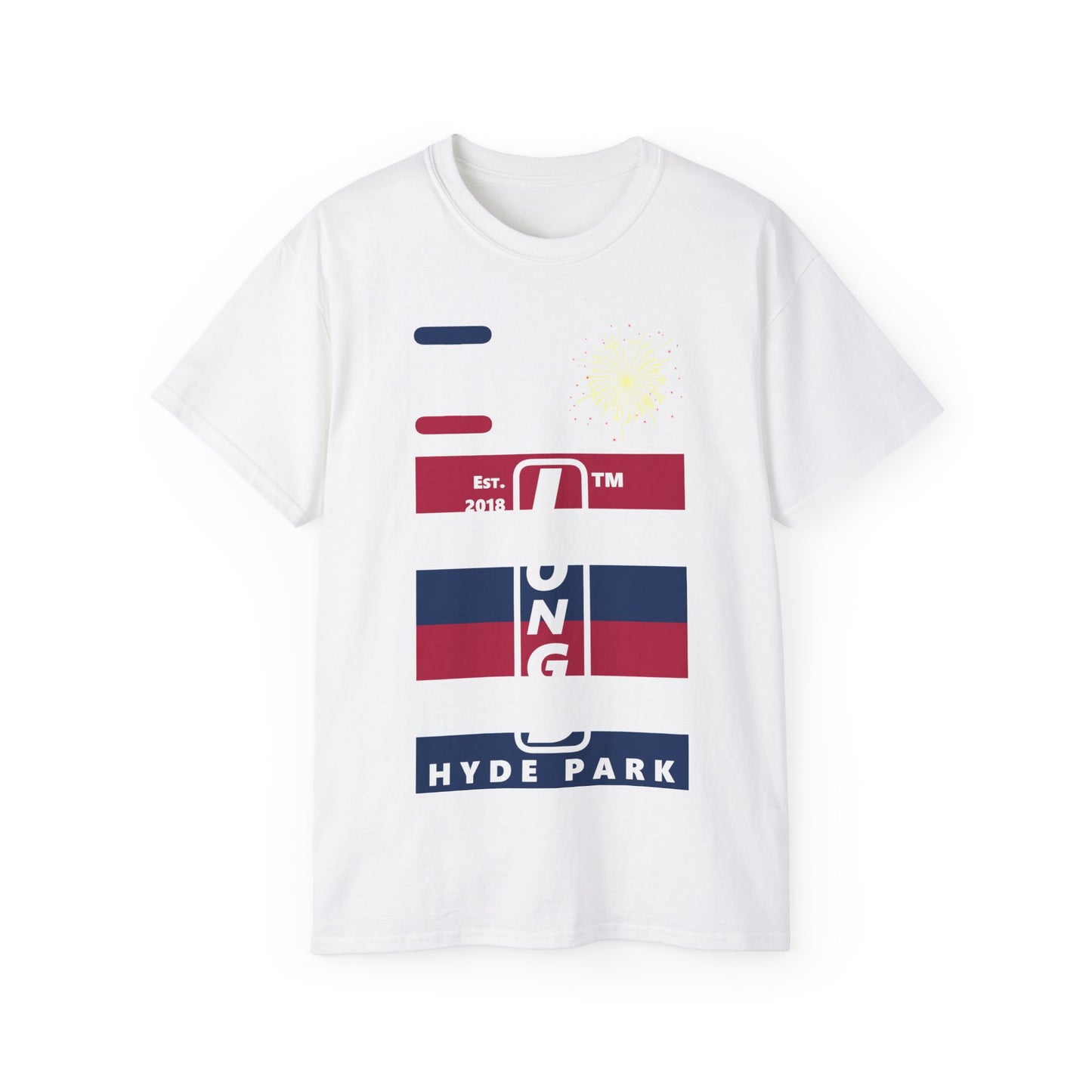 I Burst LongD cotton tee negative horizontal 6-striped Hyde Park upright logo (Patriotic colors)