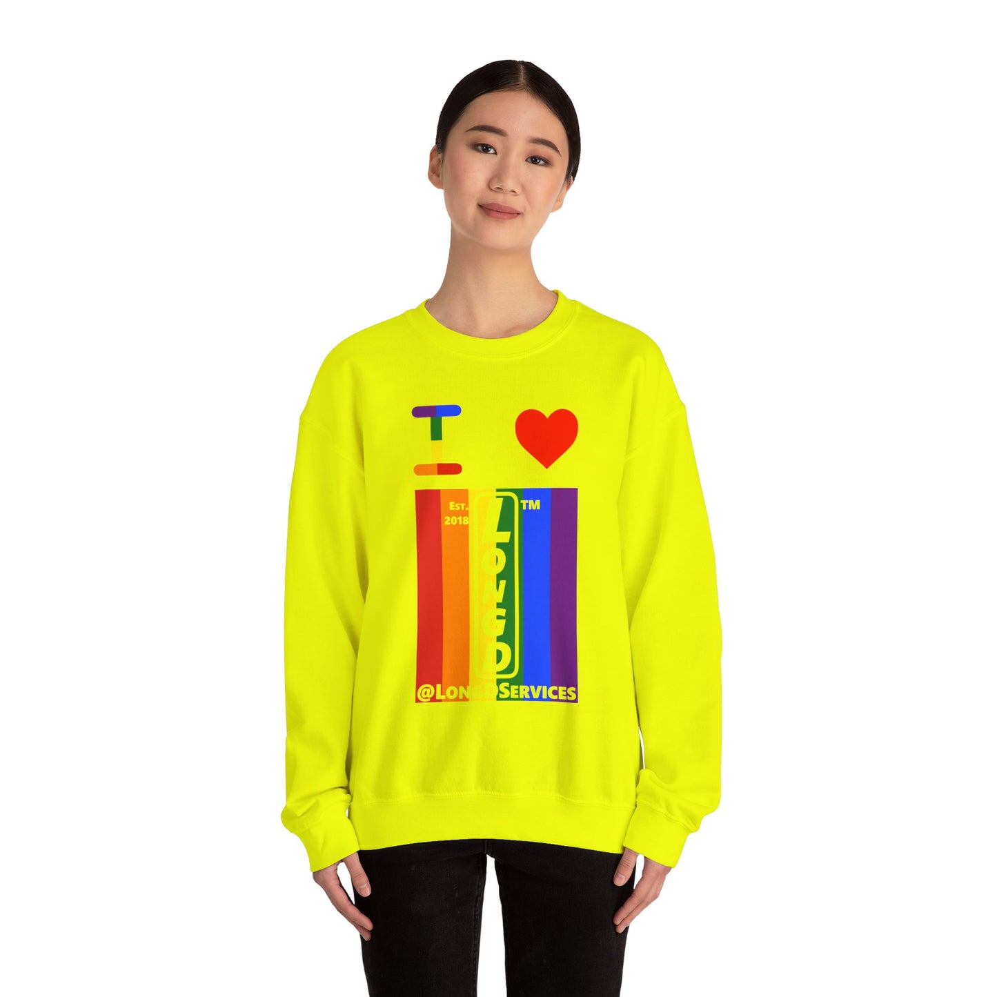I Luv LongD negative vertical 6-striped tag upright logo crewneck sweatshirt