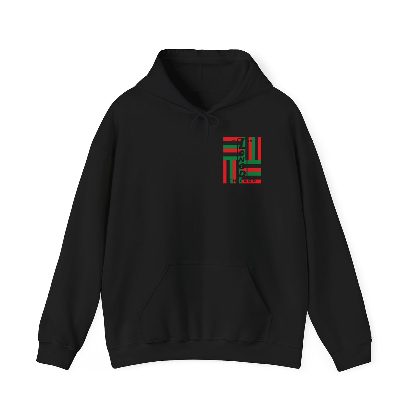 LongD single-breasted negative windmill front-back upright Chicago logo hoodie (Juneteenth colors)