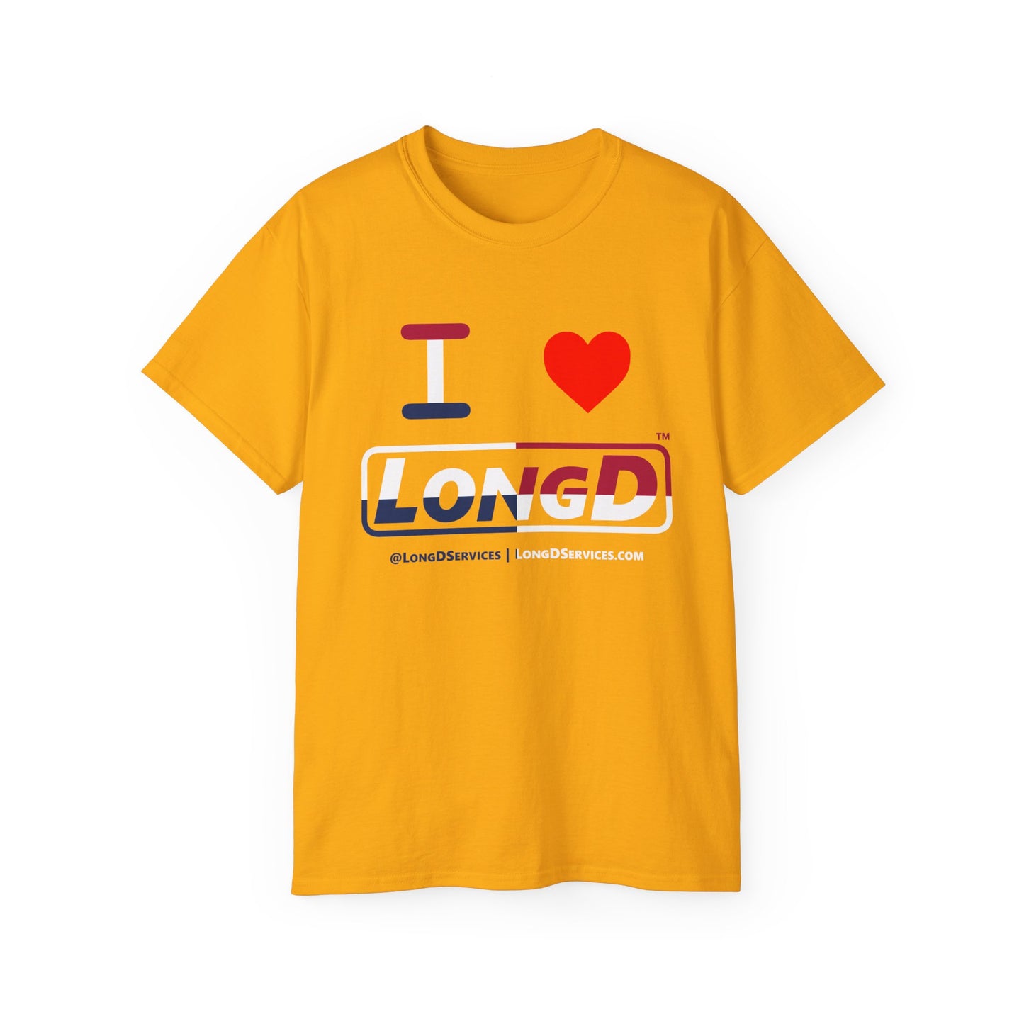 I Luv LongD® Logo Cotton Tee Red, White and Blue positive quarters text