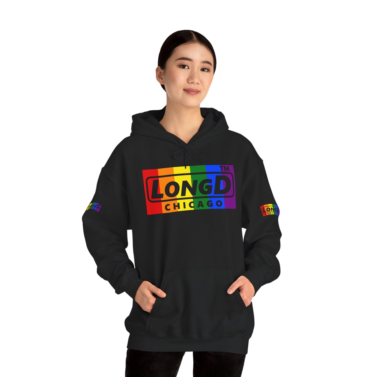 LongD® negative vertical striped 4-print Chicago logo hoodie (Pride colors)