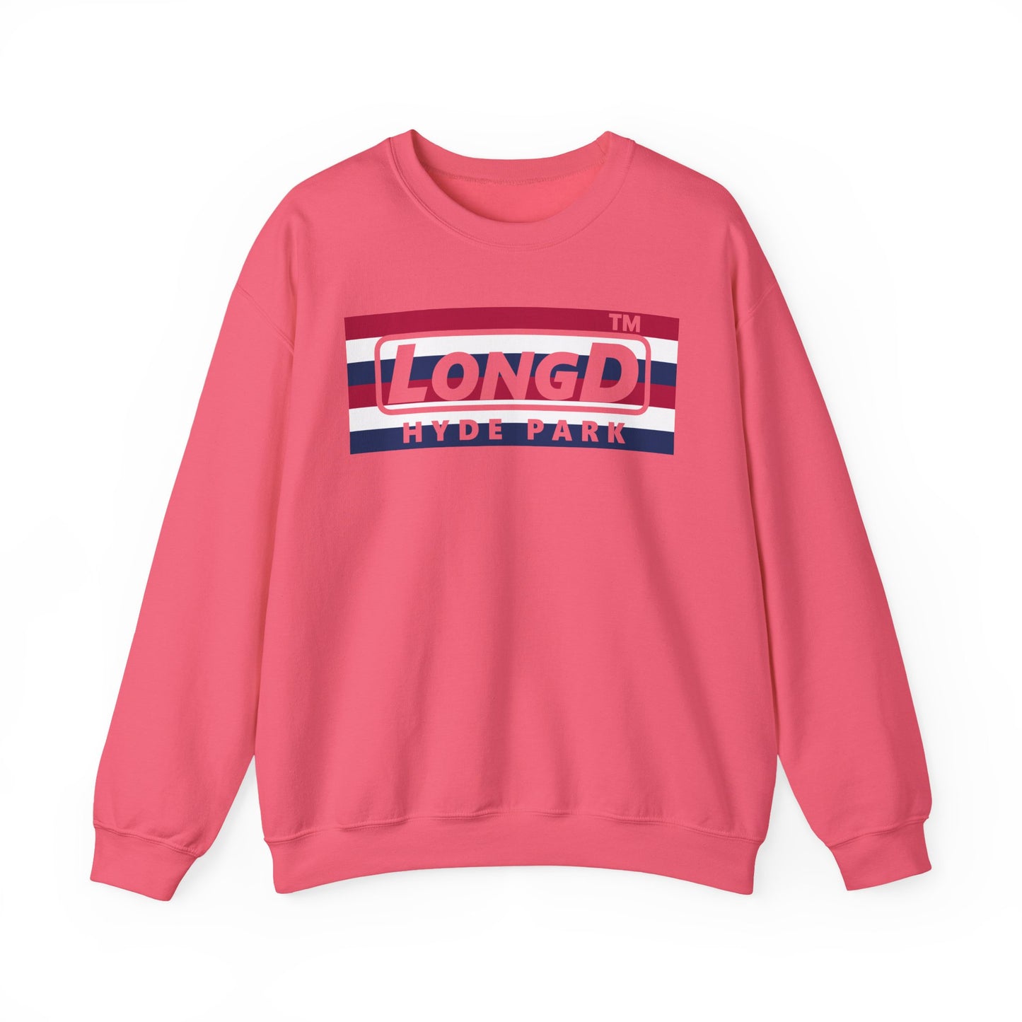 LongD negative horizontal 6-striped Hyde Park logo crewneck sweatshirt (patriotic colors)