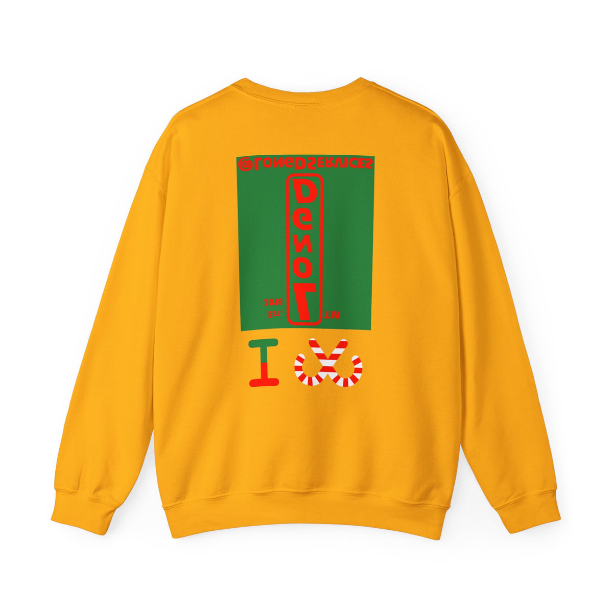 I candy cane LongD Tag upright front-back logo positive red on negative green crewneck sweatshirt
