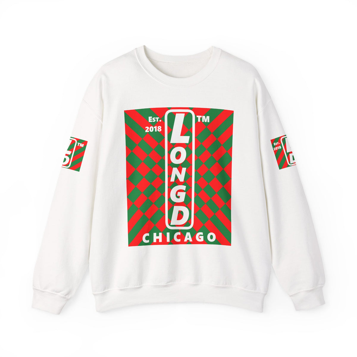 LongD Chicago negative upright stylized argyle 4-print logo (Xmas colors) crewneck sweatshirt