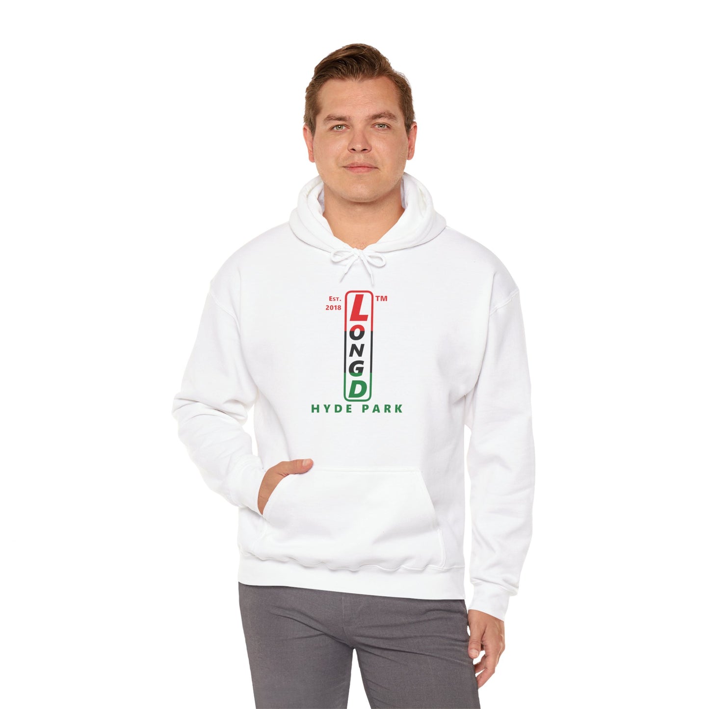 LongD® positive horizontal 3-striped upright Hyde Park logo hoodie (Juneteenth colors)