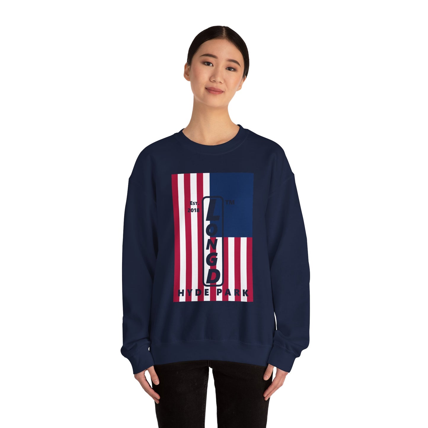 LongD negative cropped flag Hyde Park upright logo crewneck sweatshirt (patriotic colors)