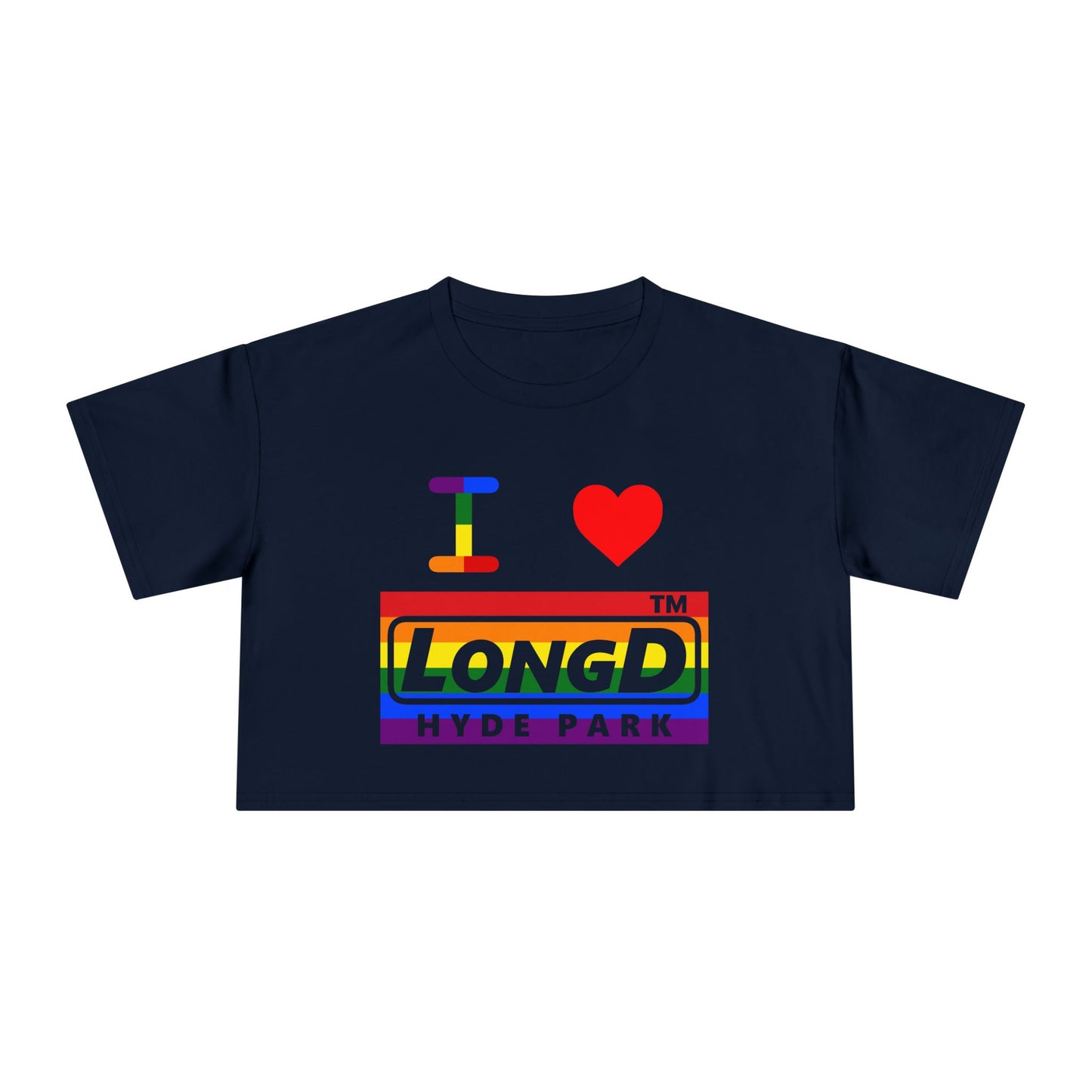 I Luv LongD negative horizontal 6-striped Hyde Park logo crop tee (Pride colors)