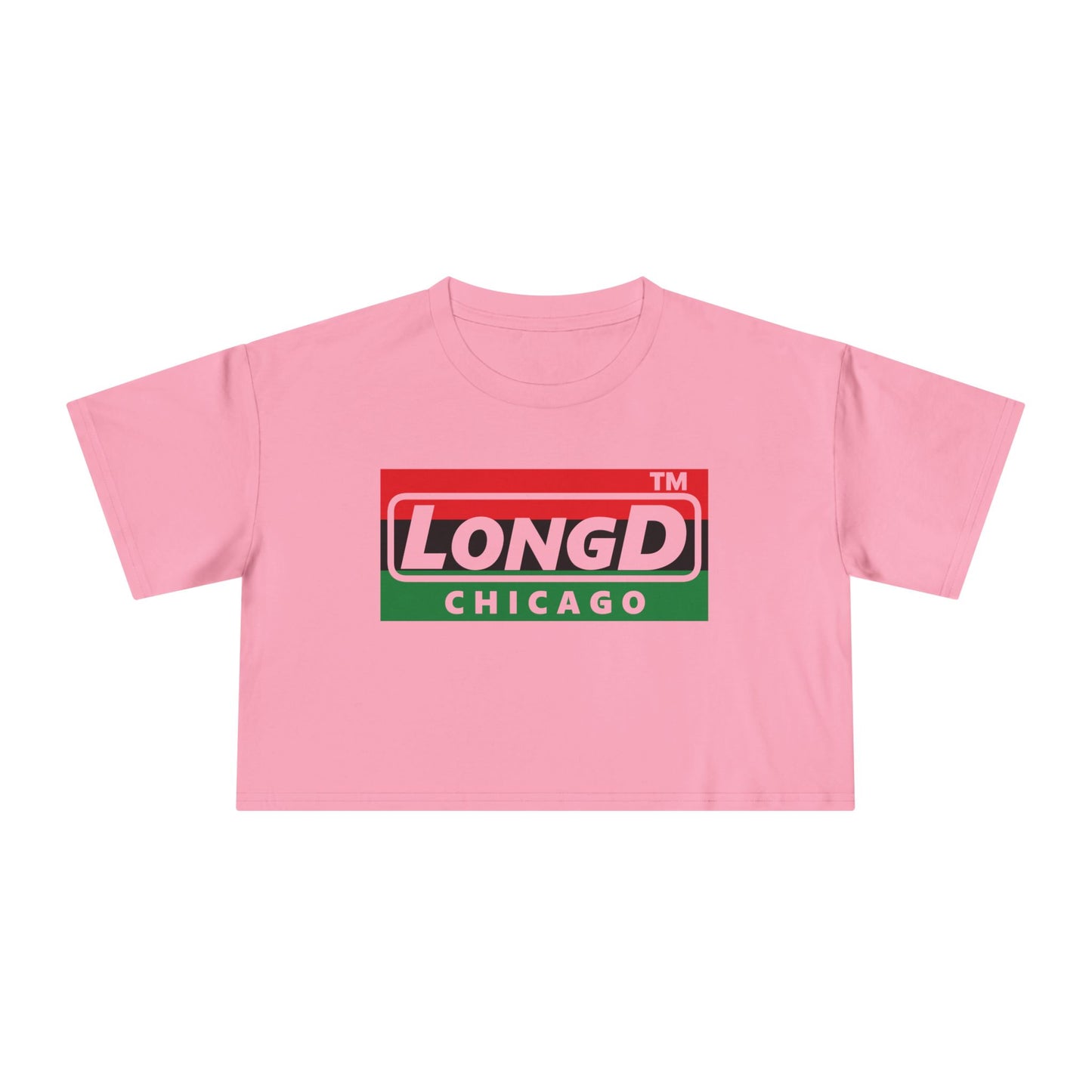 LongD negative horizontal 3-striped Chicago logo crop tee (Juneteenth colors)