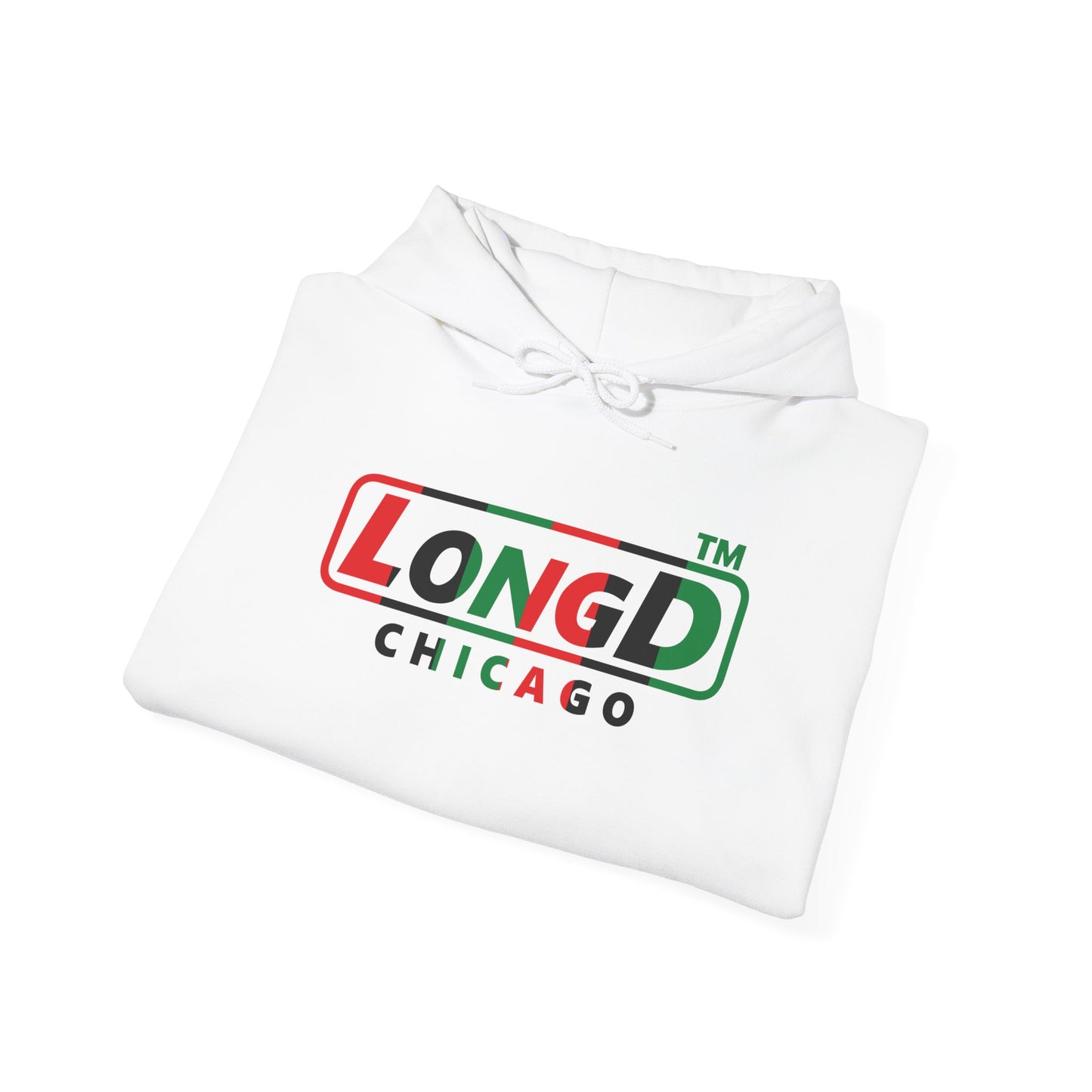 LongD® positive vertical 6-striped Chicago logo Hoodie (Juneteenth colors)