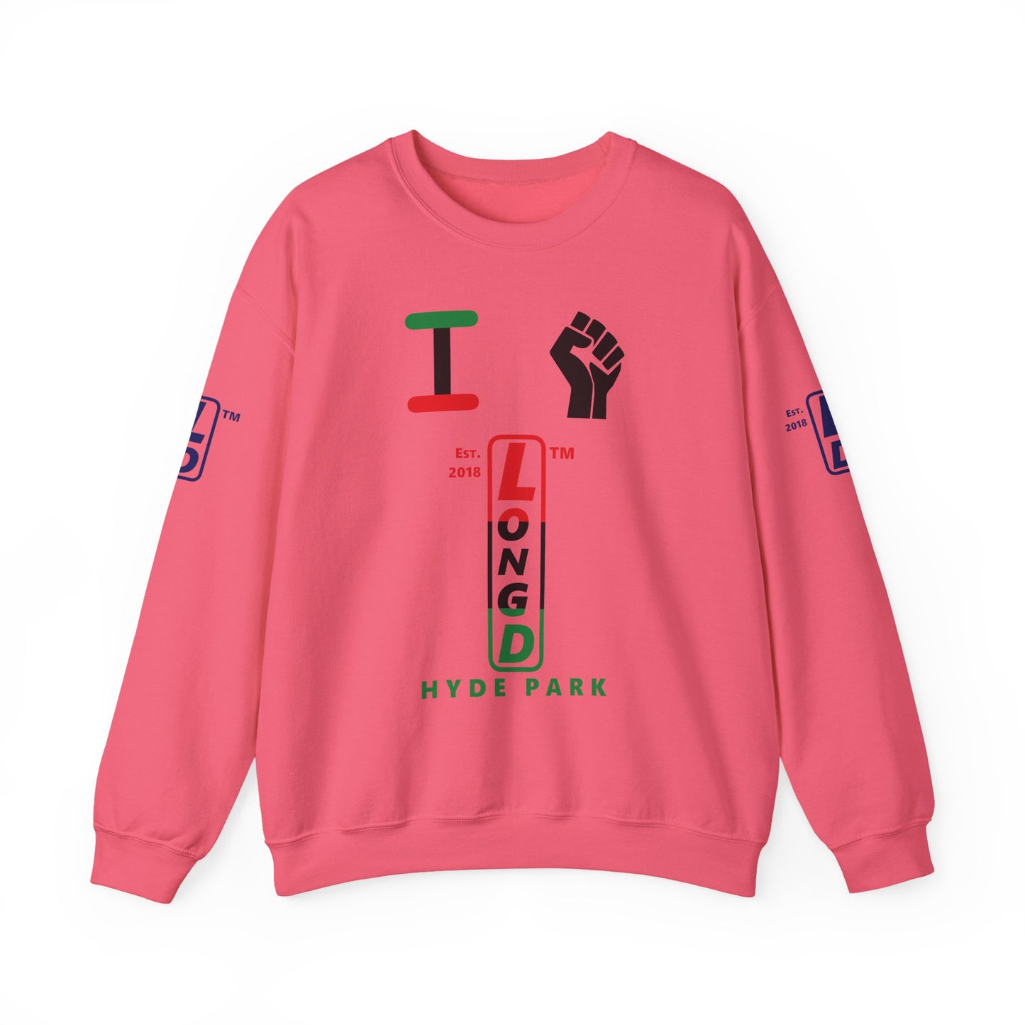 I Fist LongD positive horizontal 6-striped Hyde Park upright 4-print logo crewneck sweatshirt