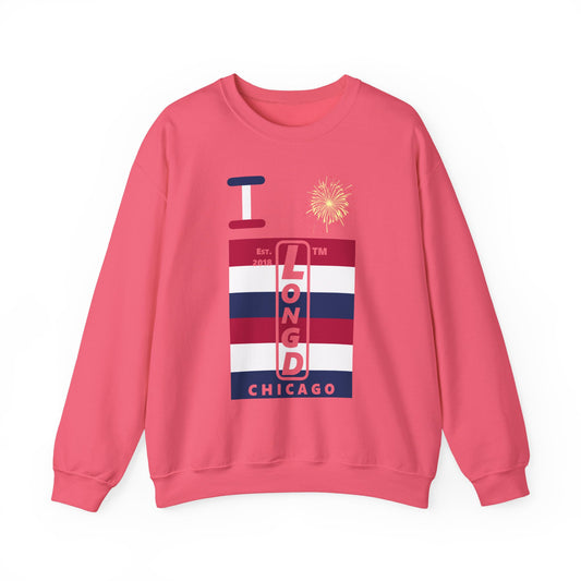 I Burst LongD negative horizontal 6-striped Chicago upright logo crewneck sweatshirt