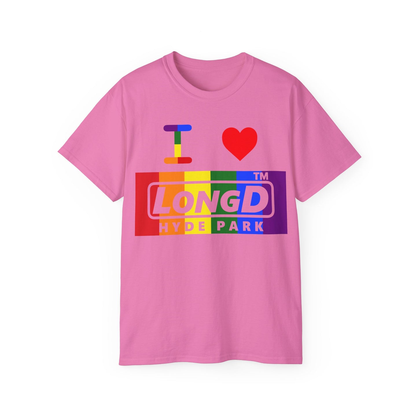 I Luv LongD negative vertical striped Hyde Park logo cotton tee (Pride colors)