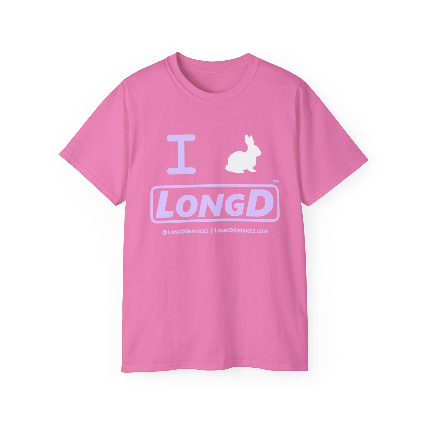 I Bunny LongD® Logo Cotton Tee Easter pastel purple text (white Easter Bunny)