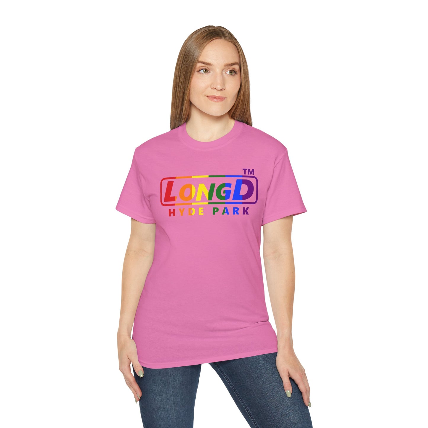 LongD positive vertical striped Hyde Park logo cotton tee (Pride colors)