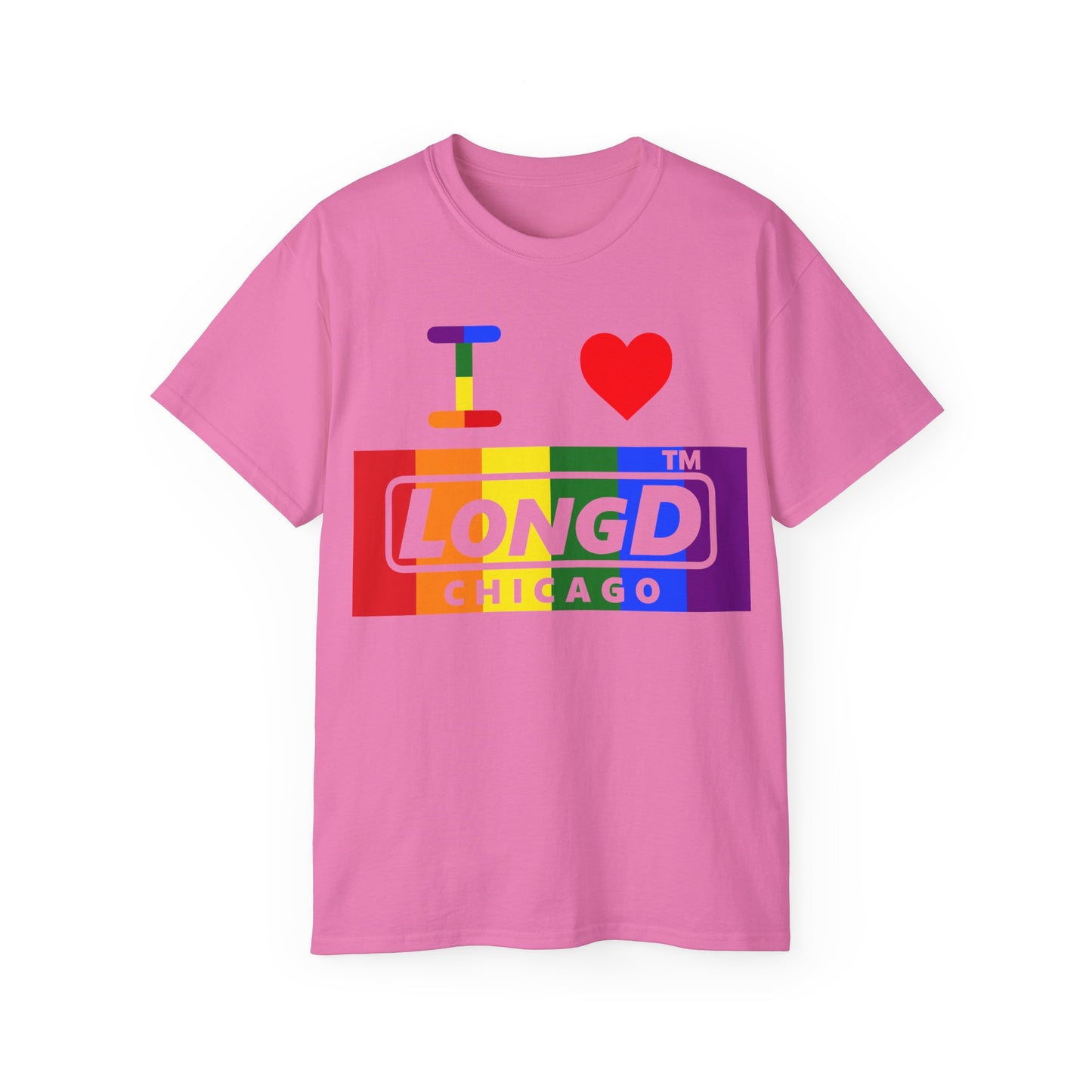 I Luv LongD negative vertical striped Chicago logo cotton tee (Pride colors)