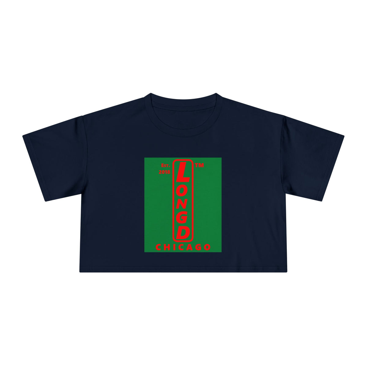 LongD Chicago upright logo positive red on negative green (Xmas colors) crop tee